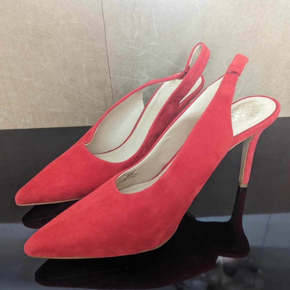 Vince Camuto Red Leather Upper Suede Slingback Heels Sz 9 BN No Box